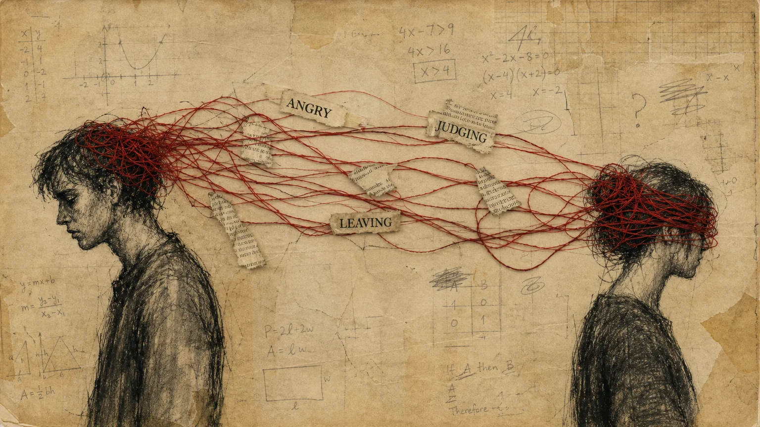 Two figures connected by a tangled mess of red thread and negative words, representing the projection of mind reading.