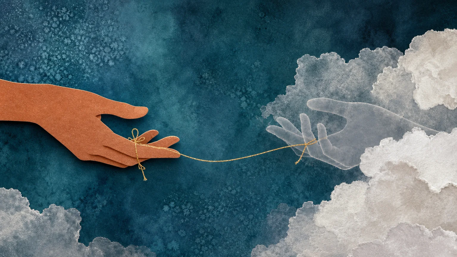 Two hands reaching for each other through a fog, connected by a single golden thread.