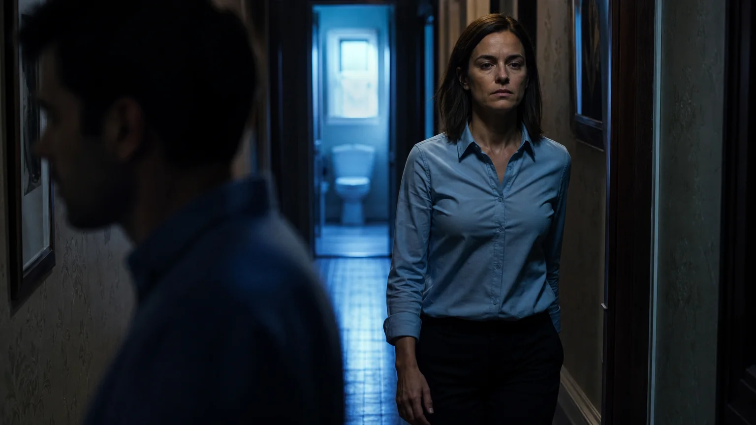 Two people walking past each other in a hallway without making eye contact, illustrating the silent treatment.