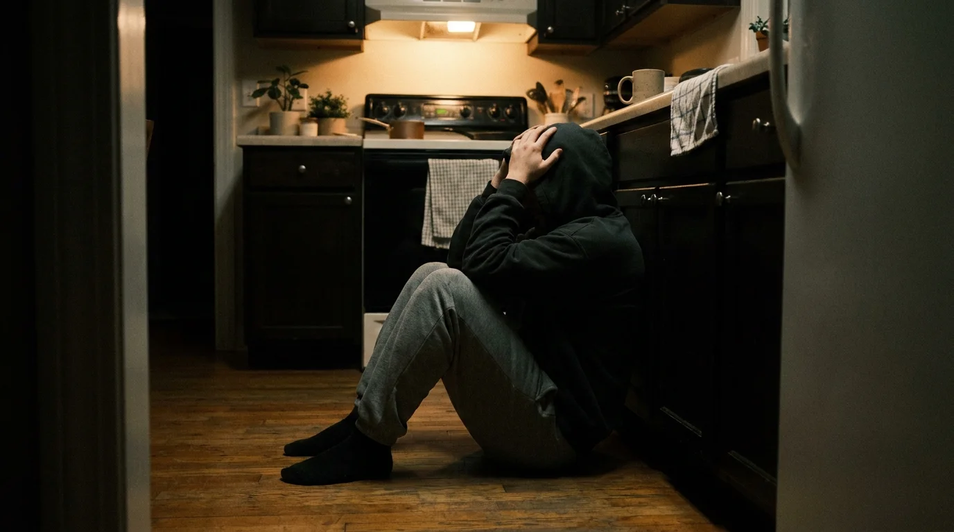 A candid photograph of a person sitting on a kitchen floor at night with their head in their hands, experiencing a moment of release.