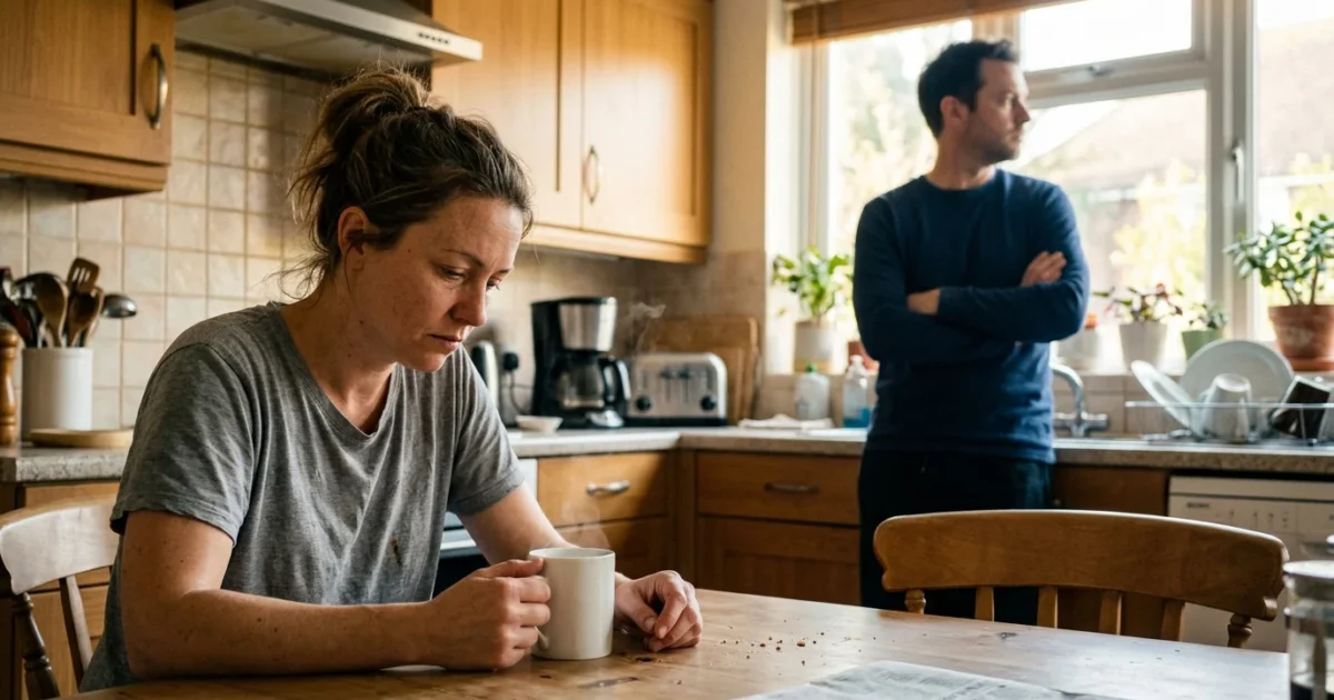 A candid photograph of a tense moment between a couple in a sunlit kitchen, one partner looking exhausted while the other looks away.