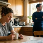 A candid photograph of a tense moment between a couple in a sunlit kitchen, one partner looking exhausted while the other looks away.