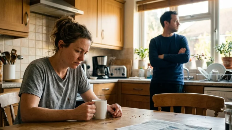 A candid photograph of a tense moment between a couple in a sunlit kitchen, one partner looking exhausted while the other looks away.