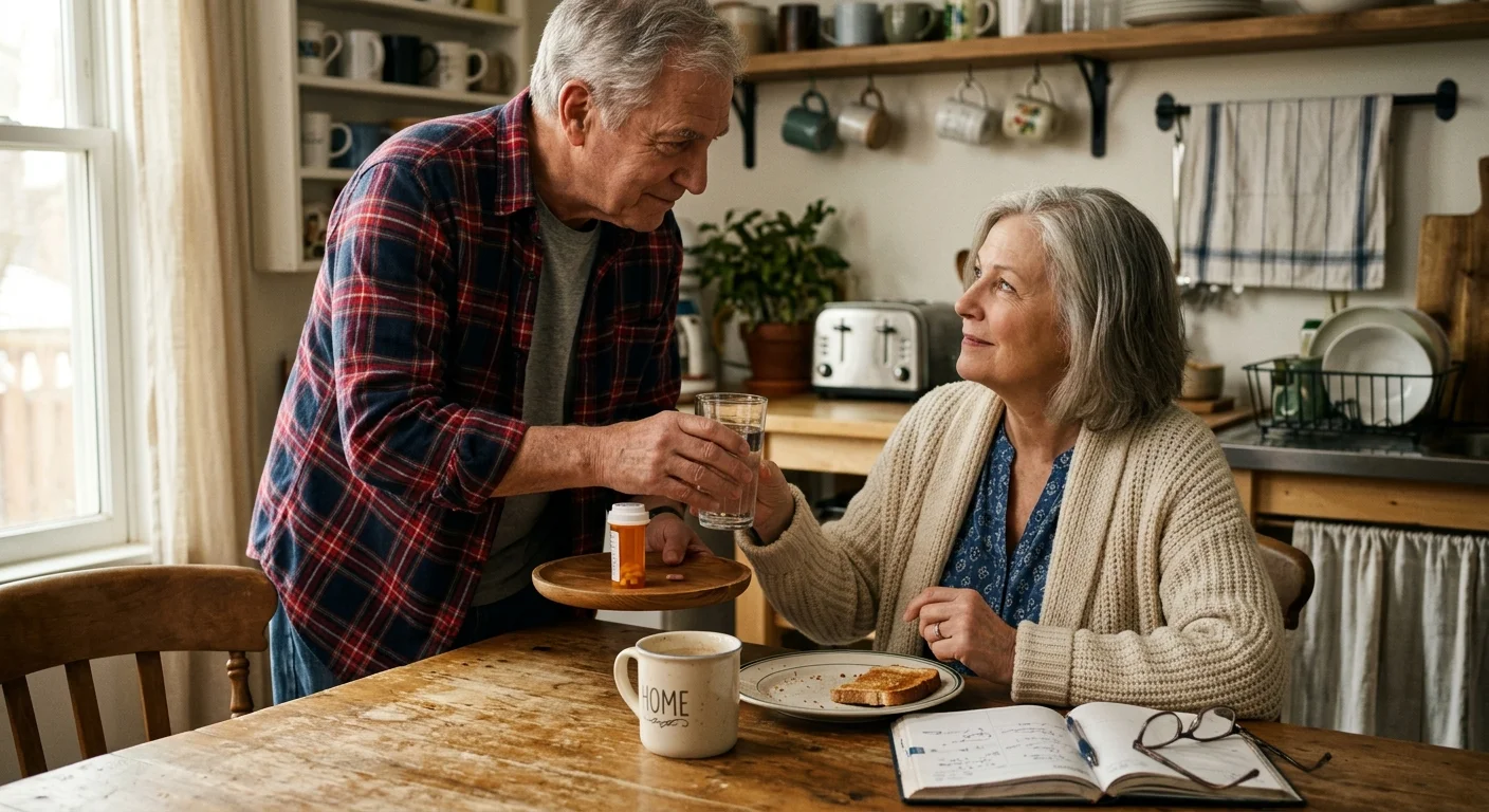 A casual documentary-style photo of an older man handing a glass of water to his wife at a sunlit kitchen table.