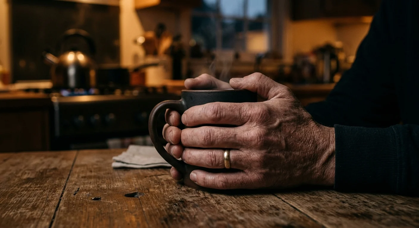 A close-up of a parent's hands tightly clasping a ceramic mug on a wooden table in a dimly lit kitchen.