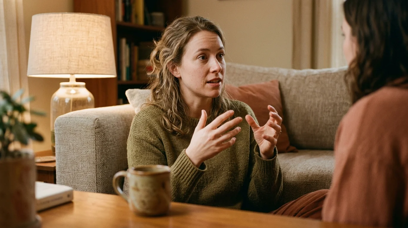 A close-up of a person gesturing anxiously with their hands during a conversation in a cozy living room.
