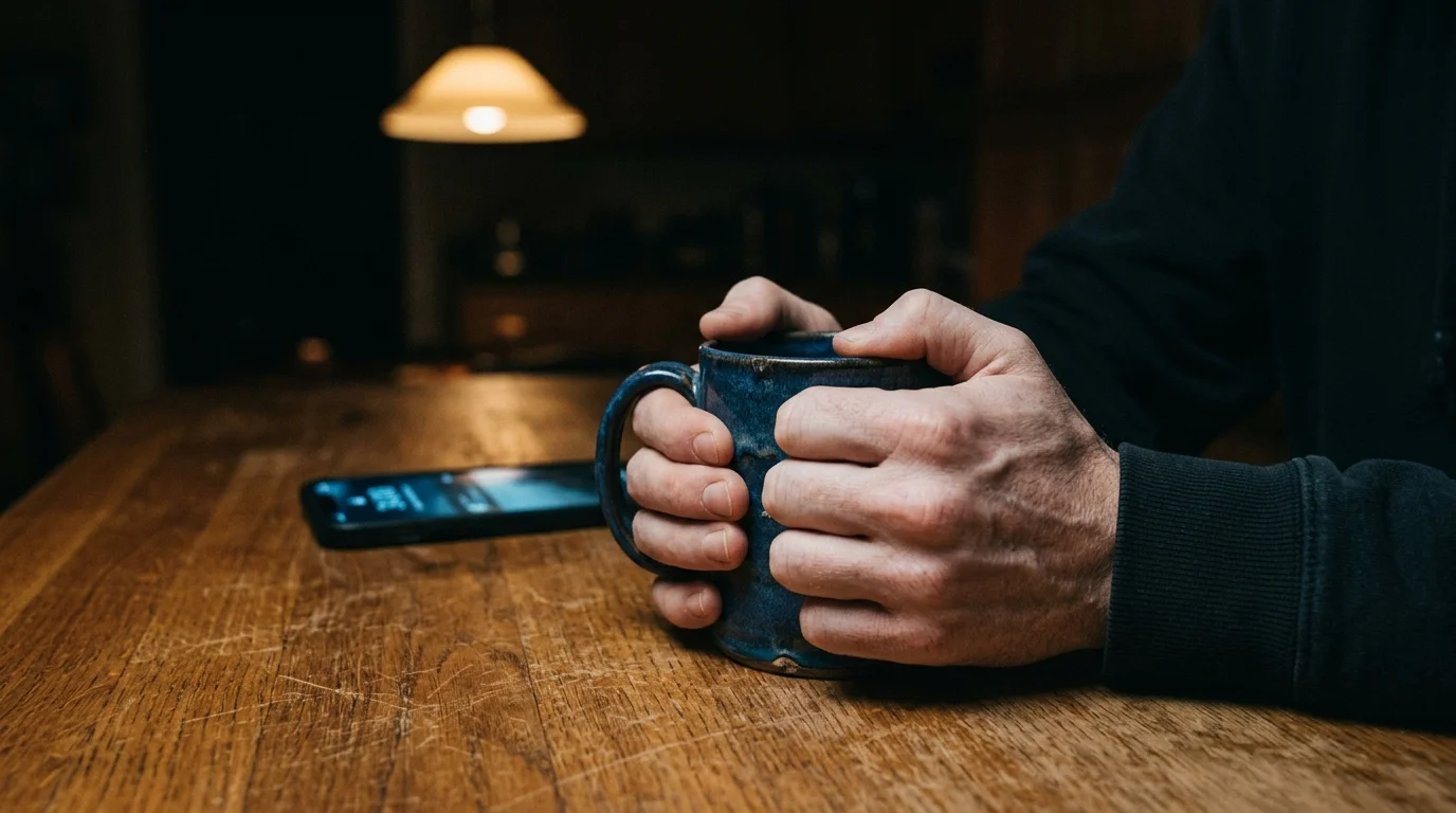 A close-up of hands tensely clutching a ceramic mug in a dark kitchen with a glowing phone in the background.