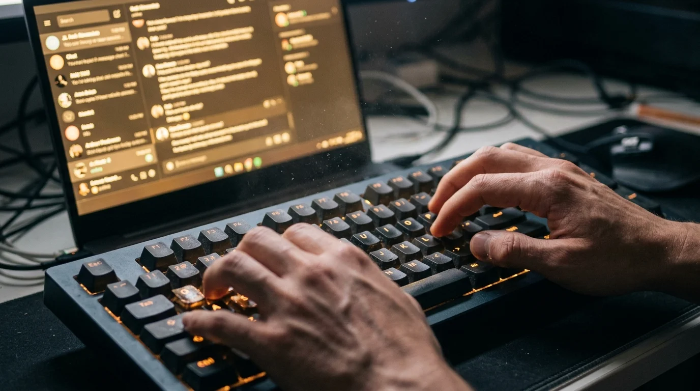A close-up of hands typing frantically on a backlit keyboard in a dark room with a blurry screen in the background.