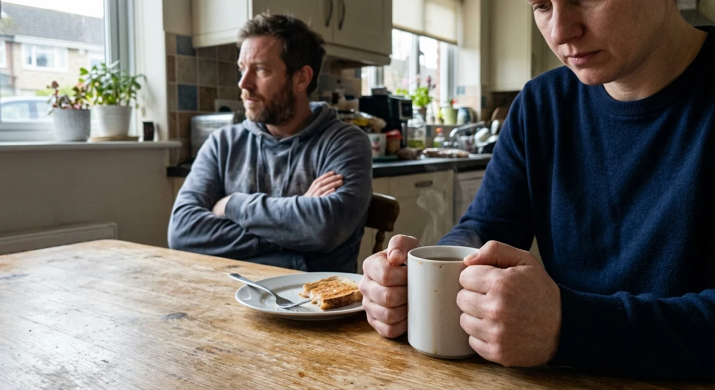 A close-up of tense hands gripping a coffee mug at a kitchen table, with a partner sitting in a cold, closed-off posture in the background.