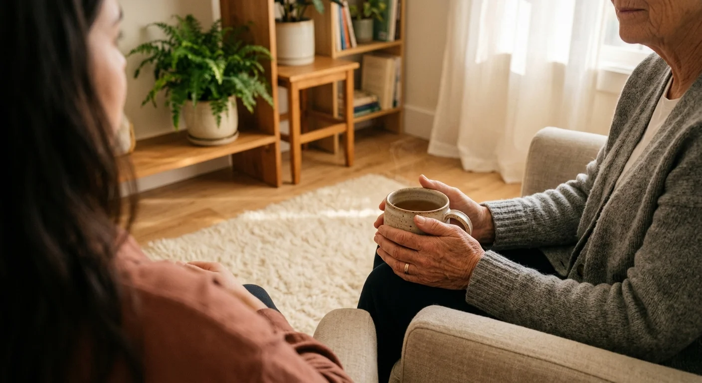 A close-up photo of a therapist's hands holding a warm mug in a cozy office, with a client's shoulder softly blurred in the foreground.