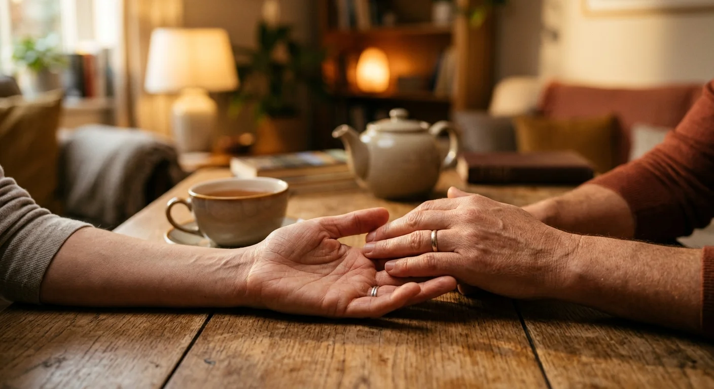 A close-up photo of one reassuring hand resting gently over another open hand on a warm wooden table in a softly lit room.