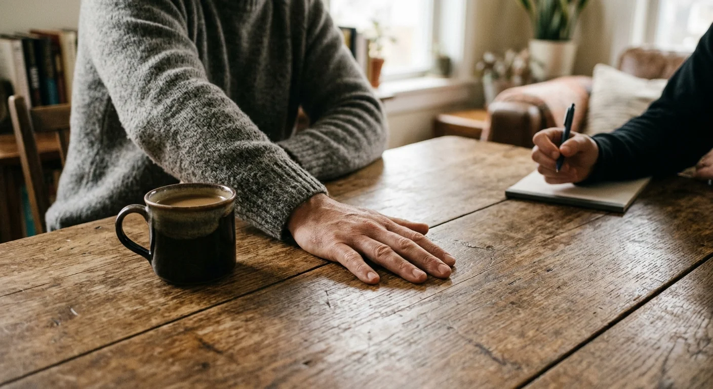 A close-up photograph of a hand placed firmly and flatly on a wooden table, establishing a clear personal boundary.