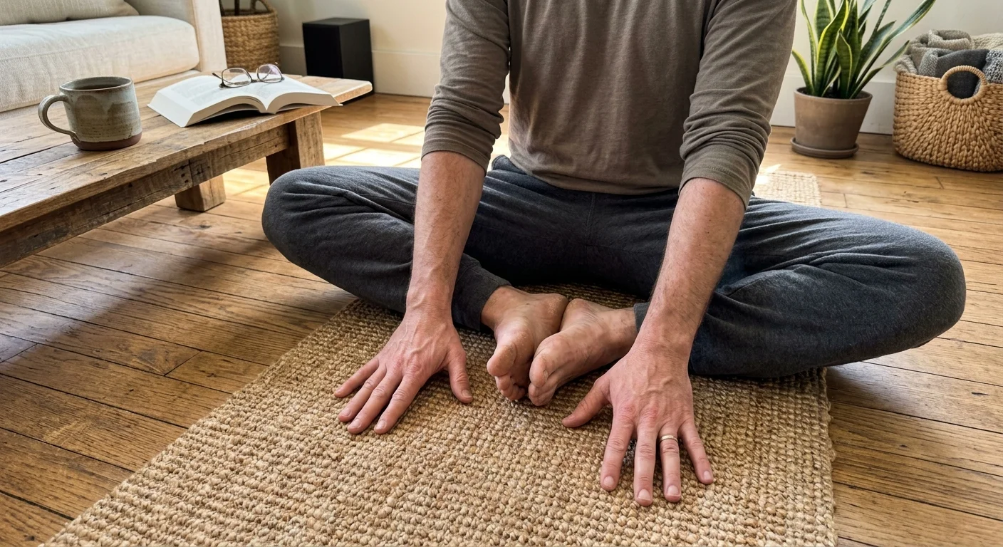 A close-up photograph of a person practicing a grounding somatic release exercise on a woven mat in a sunlit living room.