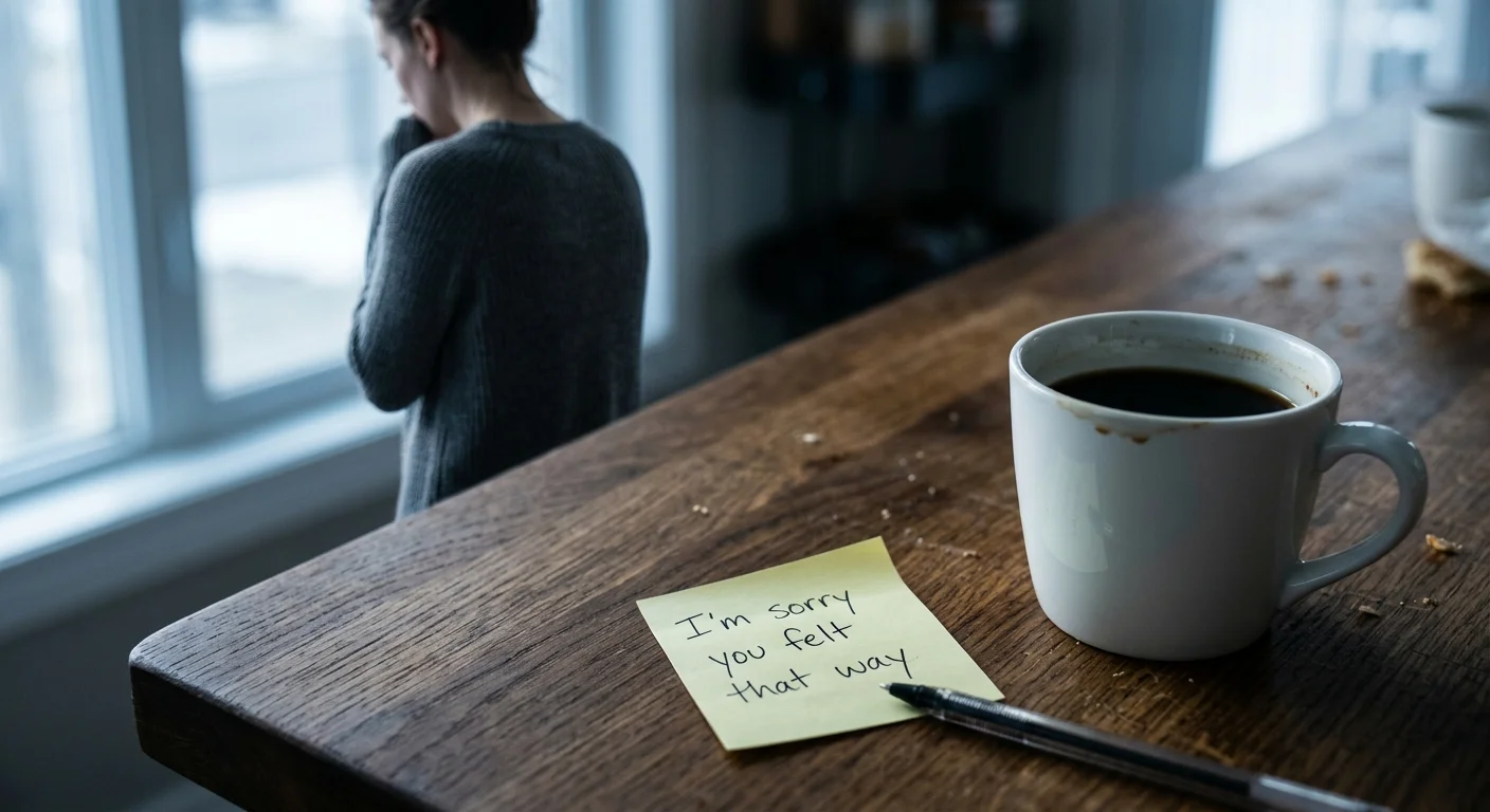 A close-up photograph of a sticky note reading 'I'm sorry you felt that way' on a counter with a tense figure in the background.