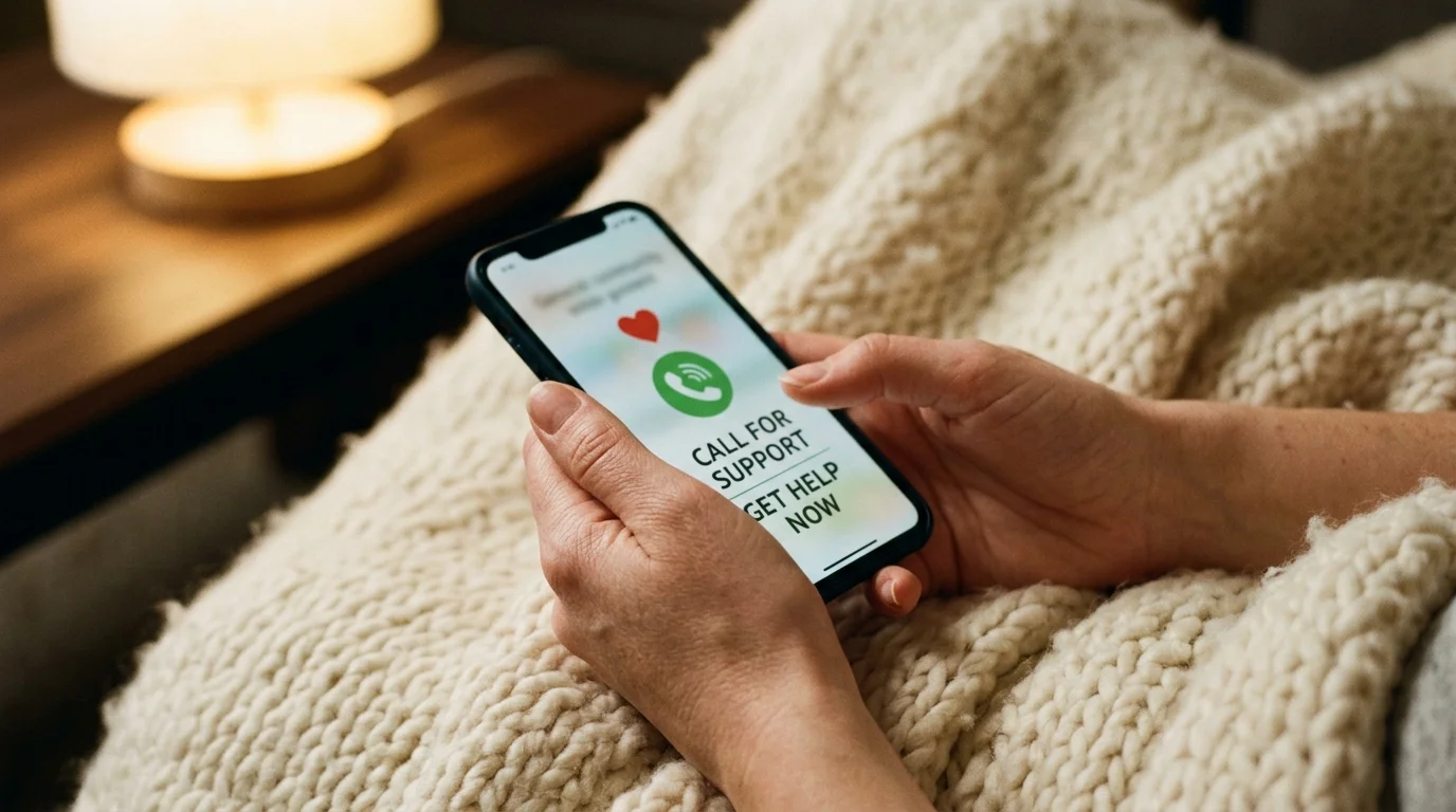 A close-up photograph of hands holding a smartphone in a warm, cozy setting, symbolizing the first step of reaching out for help.