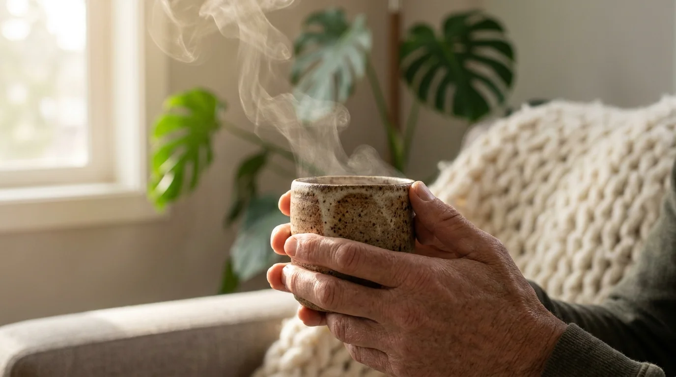 A close-up photograph of hands holding a warm ceramic mug of tea in soft morning light, representing grounding and self-regulation.