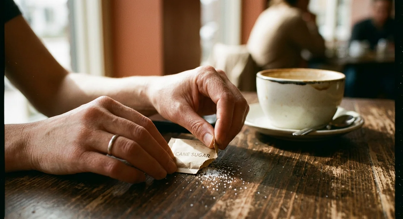 A close-up photograph of hands nervously tearing a paper sugar packet on a wooden cafe table in soft afternoon light.