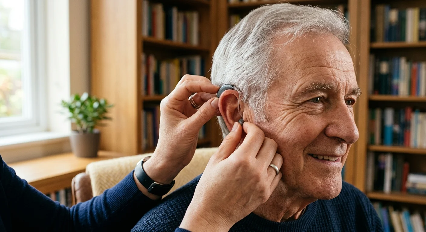 A close-up shot of a clinician's hands gently fitting a tiny modern hearing aid behind a senior man's ear, in a warm, non-clinical home sett