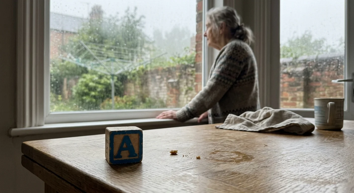 A close-up shot of a single wooden toy block on a table, with a grandmother looking out a rainy window in the background.