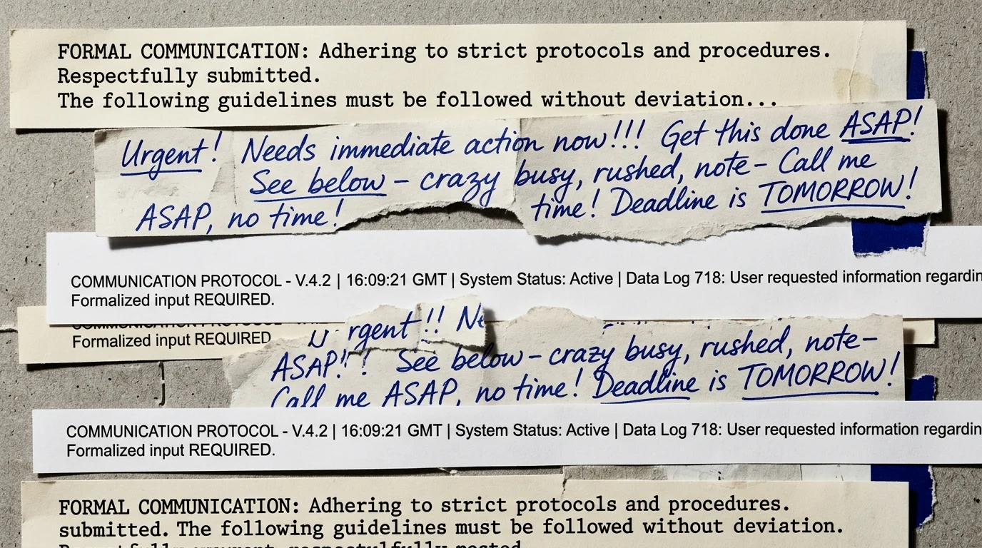 A collage of contrasting paper strips showing formal typewriter text, rushed handwriting, and clean digital print.