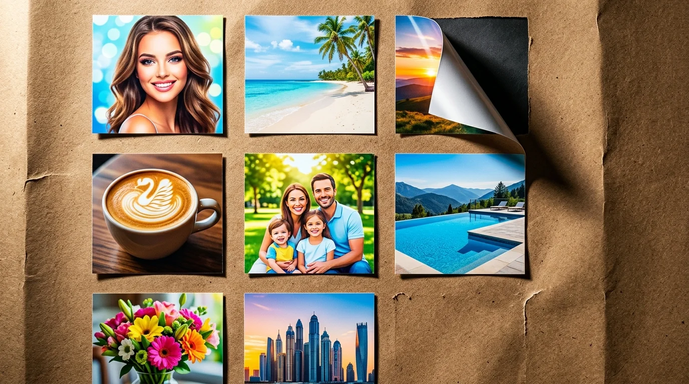A collage of glossy, perfect stock photos pasted on rough brown paper, with one photo peeling back to reveal a dark void.