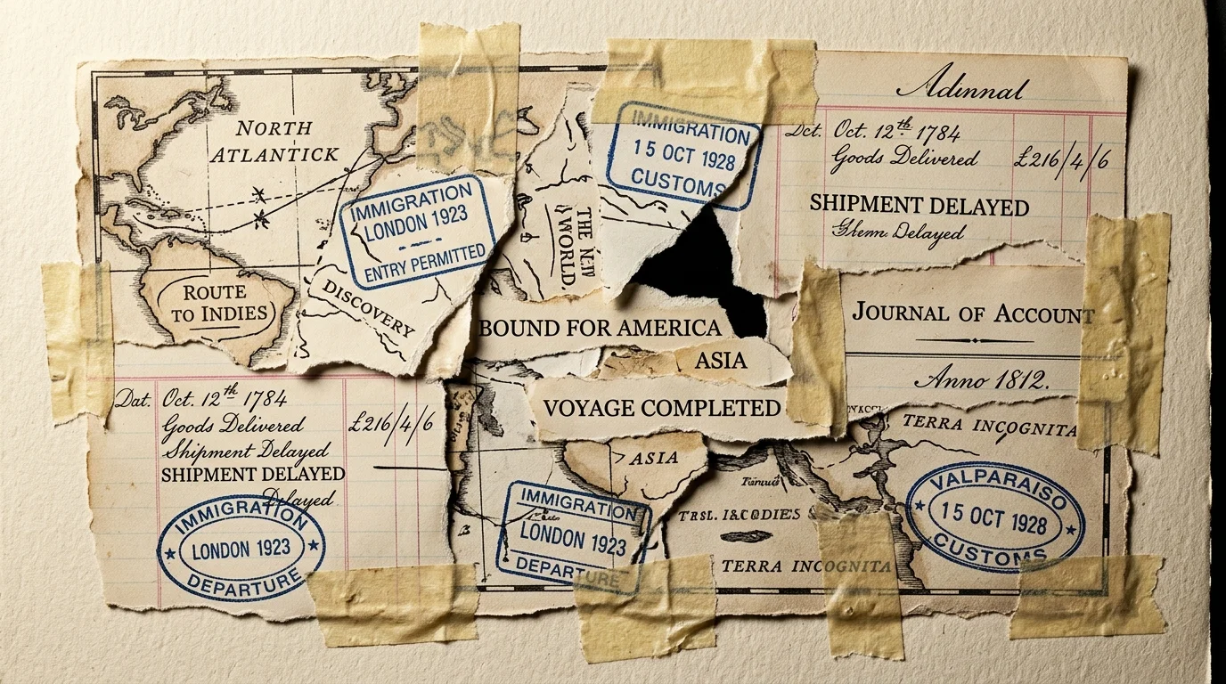 A collage of mismatched historical maps and ledger pages taped together with gaps, representing conflicting stories.