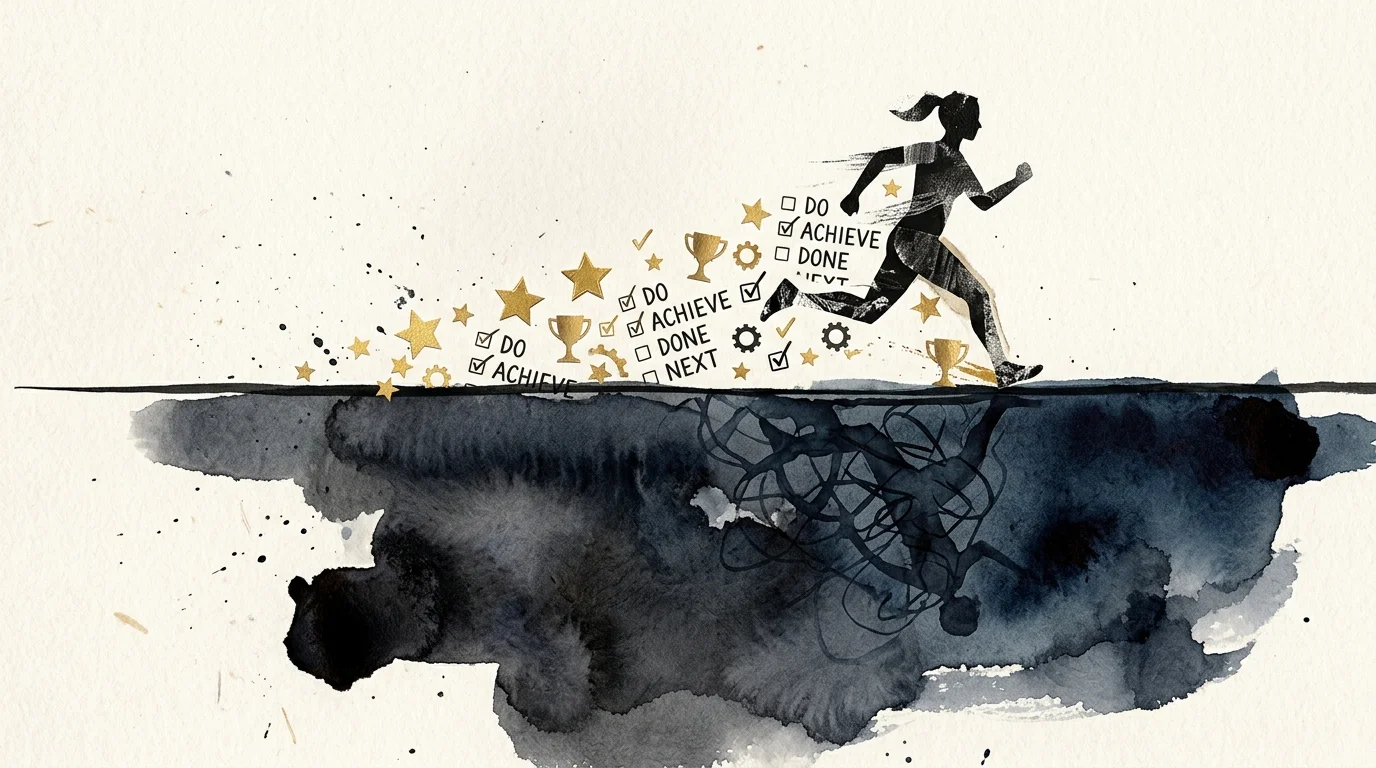 A collage showing a running silhouette leaving a trail of trophies, with dark watercolor shadows underneath.