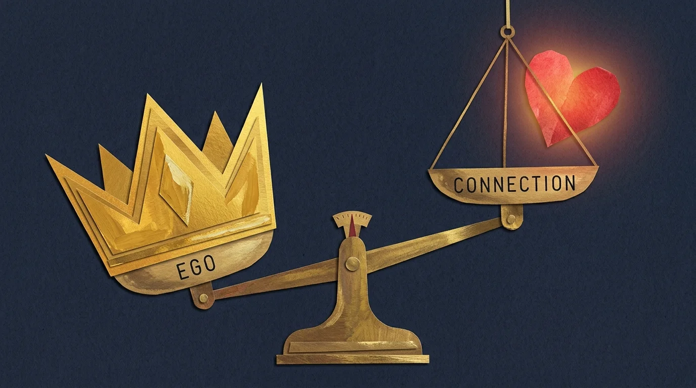 A collage-style illustration of a scale where a heavy golden crown representing ego outweighs a glowing red heart representing connection.