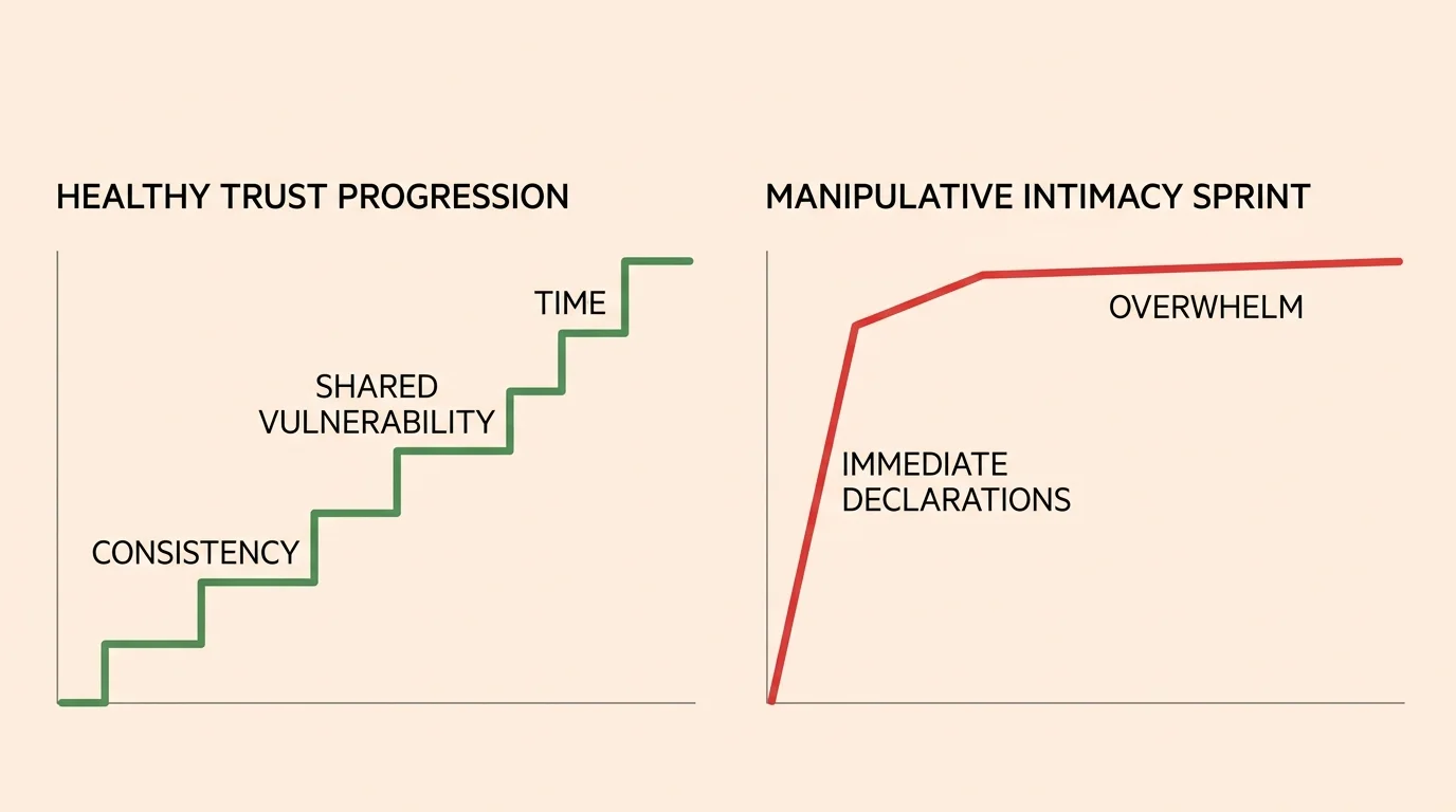 A comparative diagram contrasting a gradual green step-line of healthy trust against a rapid red spike of manipulative intimacy.