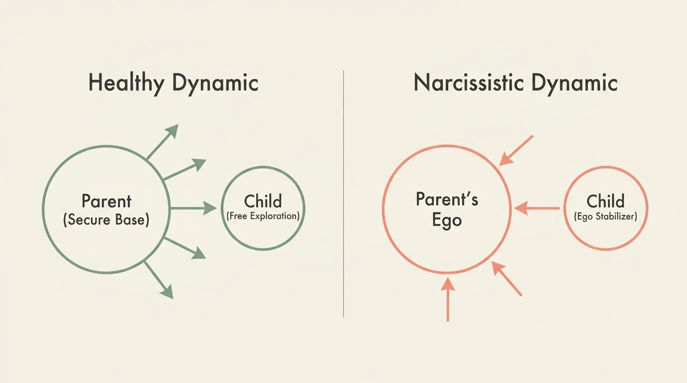 A comparative diagram showing a healthy parenting dynamic versus a narcissistic dynamic where the child stabilizes the parent's ego.