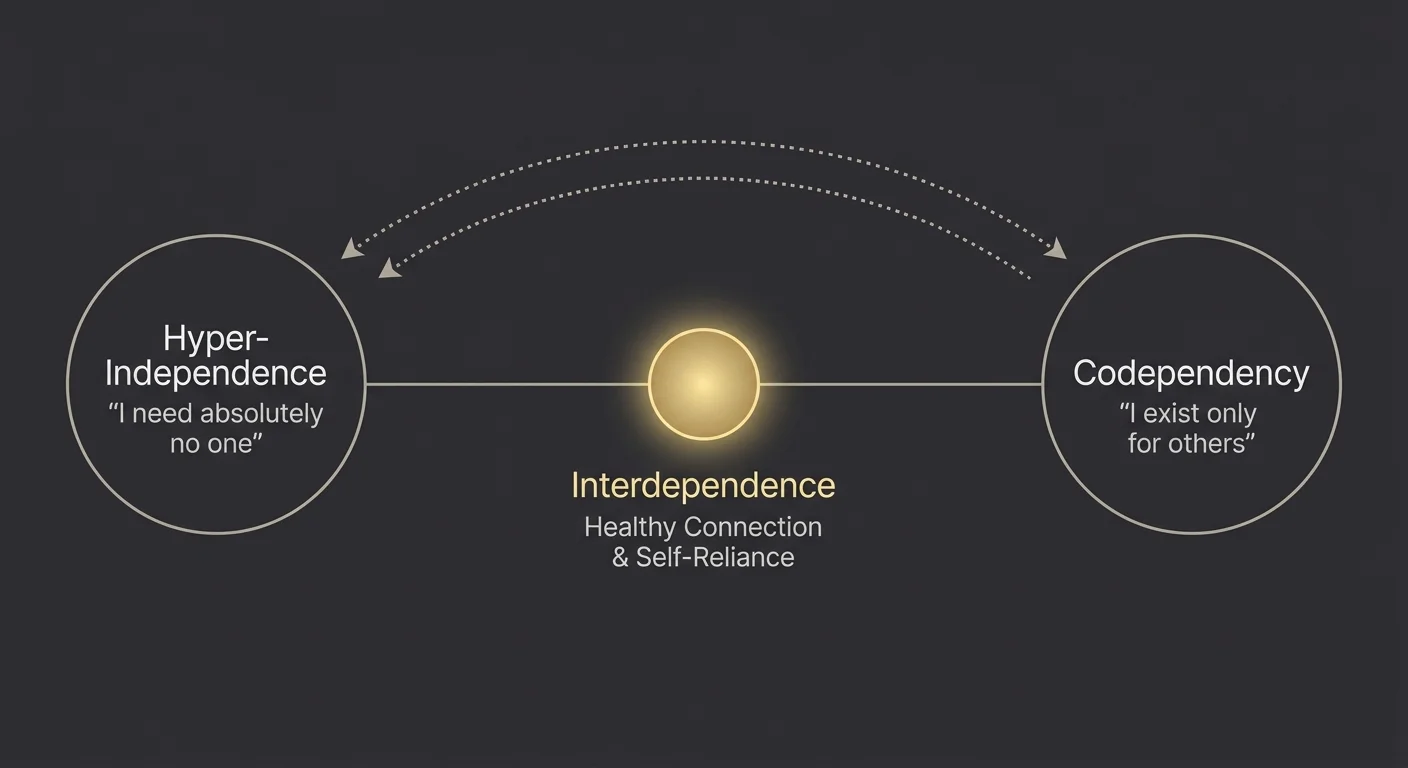 A concept diagram showing a spectrum between Hyper-Independence and Codependency, with Interdependence in the center.