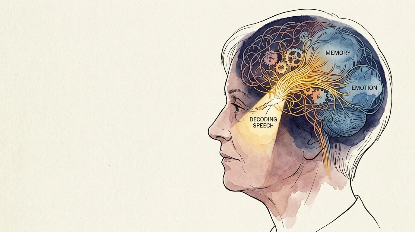 A conceptual illustration showing a silhouette of a head where cognitive energy is diverted to decode speech, leaving memory and emotion dim