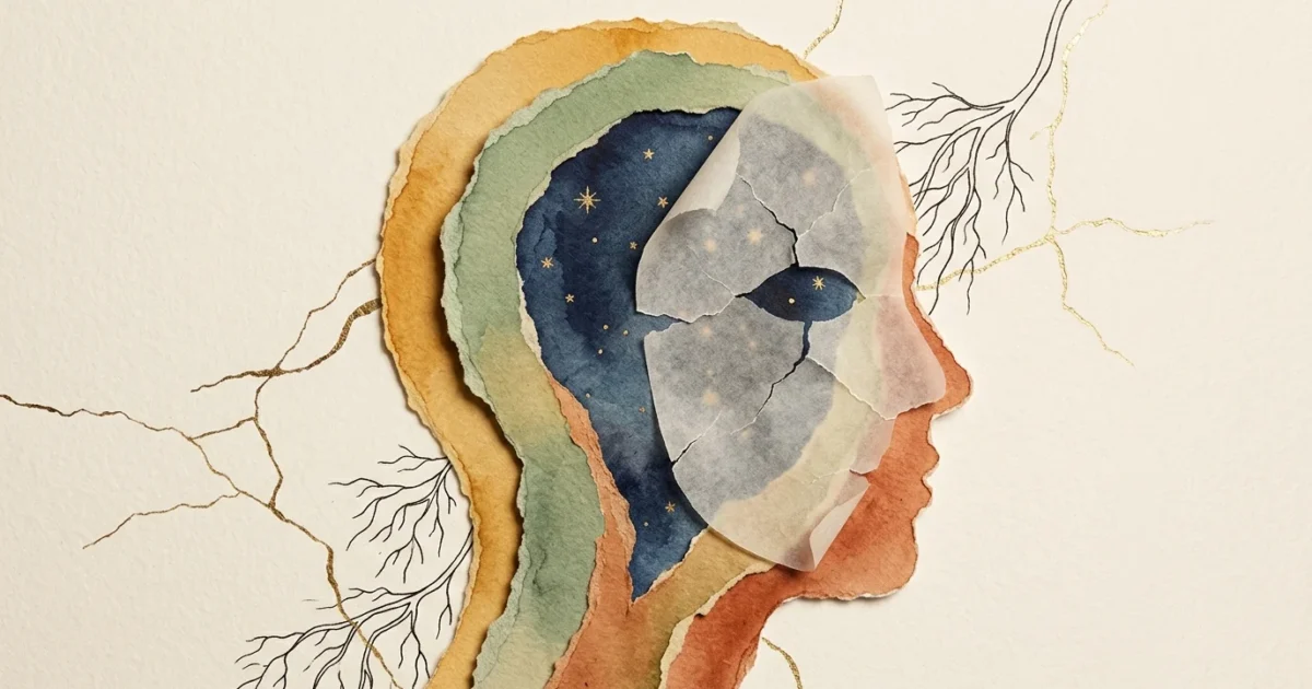 A conceptual mixed media collage showing a silhouette with a peeling mask, revealing a deep indigo inner layer.