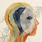 A conceptual mixed media collage showing a silhouette with a peeling mask, revealing a deep indigo inner layer.