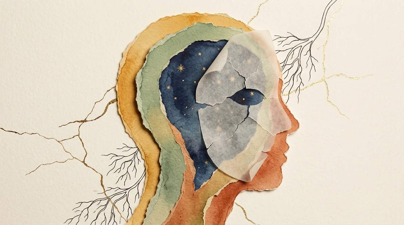 A conceptual mixed media collage showing a silhouette with a peeling mask, revealing a deep indigo inner layer.