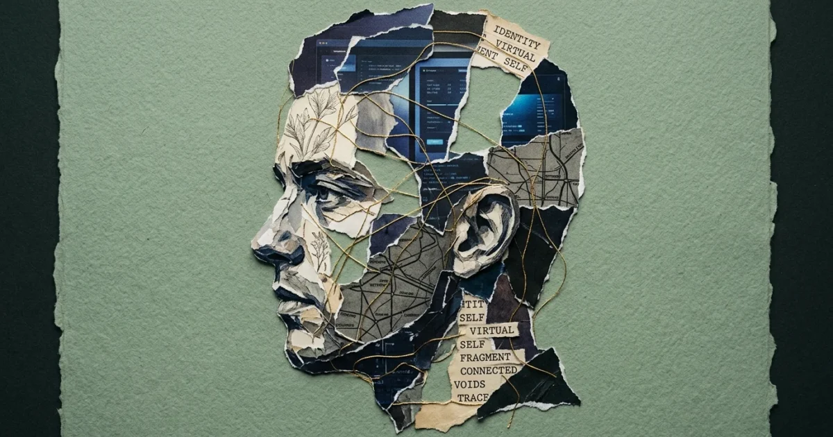 A conceptual paper collage portrait made of torn fragments representing a fragmented digital identity with blue screen patterns.