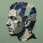 A conceptual paper collage portrait made of torn fragments representing a fragmented digital identity with blue screen patterns.