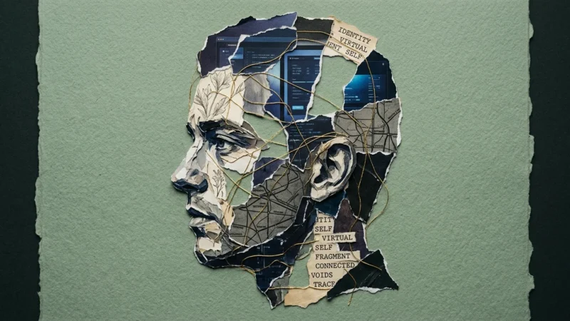 A conceptual paper collage portrait made of torn fragments representing a fragmented digital identity with blue screen patterns.