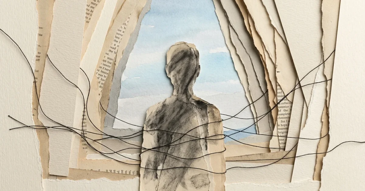 A conceptual paper collage showing a silhouette framed by overlapping paper layers, symbolizing a shrinking world.