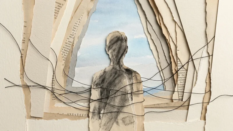 A conceptual paper collage showing a silhouette framed by overlapping paper layers, symbolizing a shrinking world.