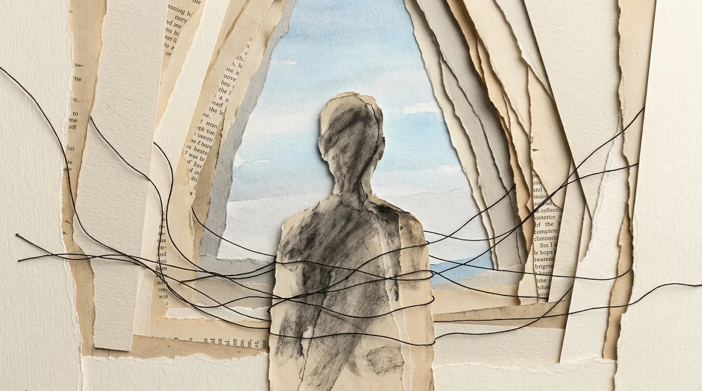A conceptual paper collage showing a silhouette framed by overlapping paper layers, symbolizing a shrinking world.