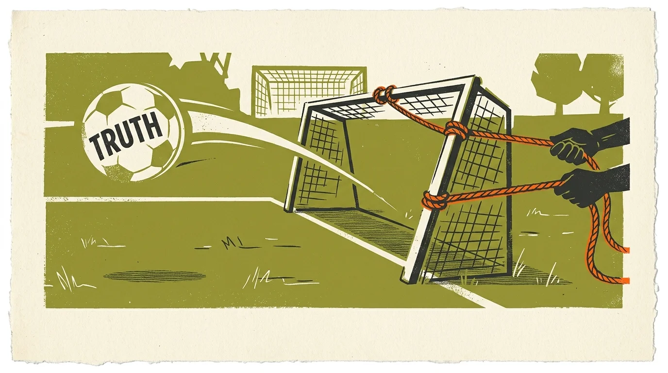 A conceptual screenprint illustration showing a soccer goal being pulled back by ropes just as a ball labeled truth approaches.