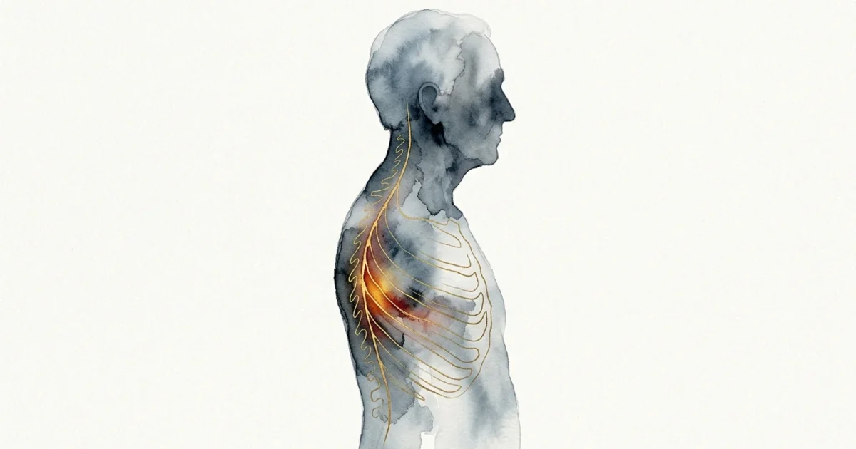A conceptual watercolor illustration of a senior's silhouette in soft blue, with a glowing gold ink pathway symbolizing an awakening virus.