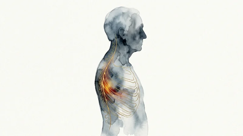 A conceptual watercolor illustration of a senior's silhouette in soft blue, with a glowing gold ink pathway symbolizing an awakening virus.