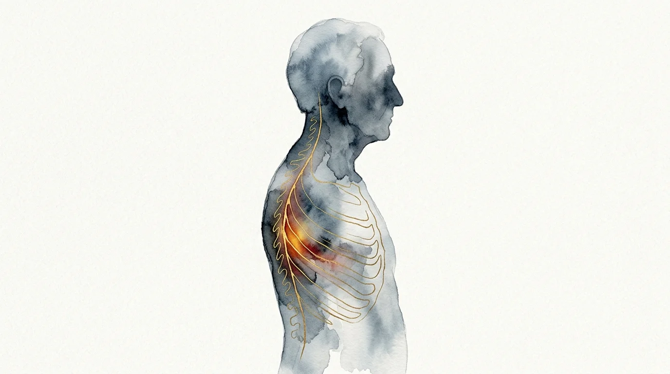 A conceptual watercolor illustration of a senior's silhouette in soft blue, with a glowing gold ink pathway symbolizing an awakening virus.