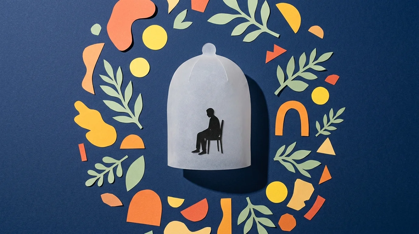 A cut-paper collage of a tiny human silhouette isolated inside a paper dome, separated from colorful shapes outside.