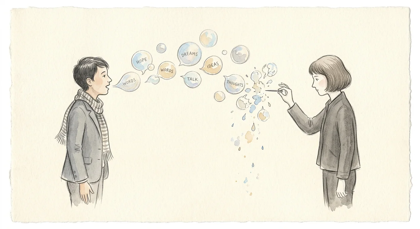 A delicate watercolor illustration showing one person's spoken words as bubbles being popped with a pin by another person.