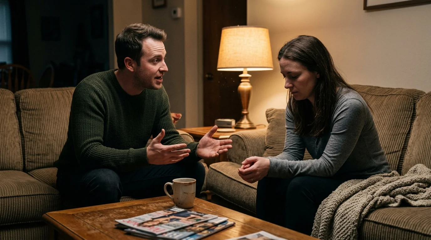 A documentary-style photograph of one partner talking animatedly while the other sits drained and detached on a living room couch.