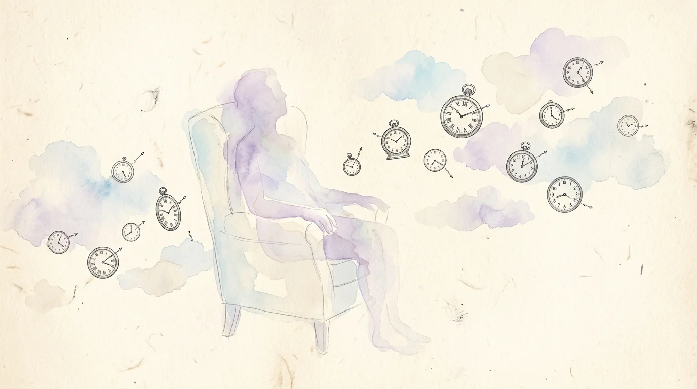 A fading, watercolor silhouette of a person sitting in a chair, surrounded by floating clocks with unattached hands.