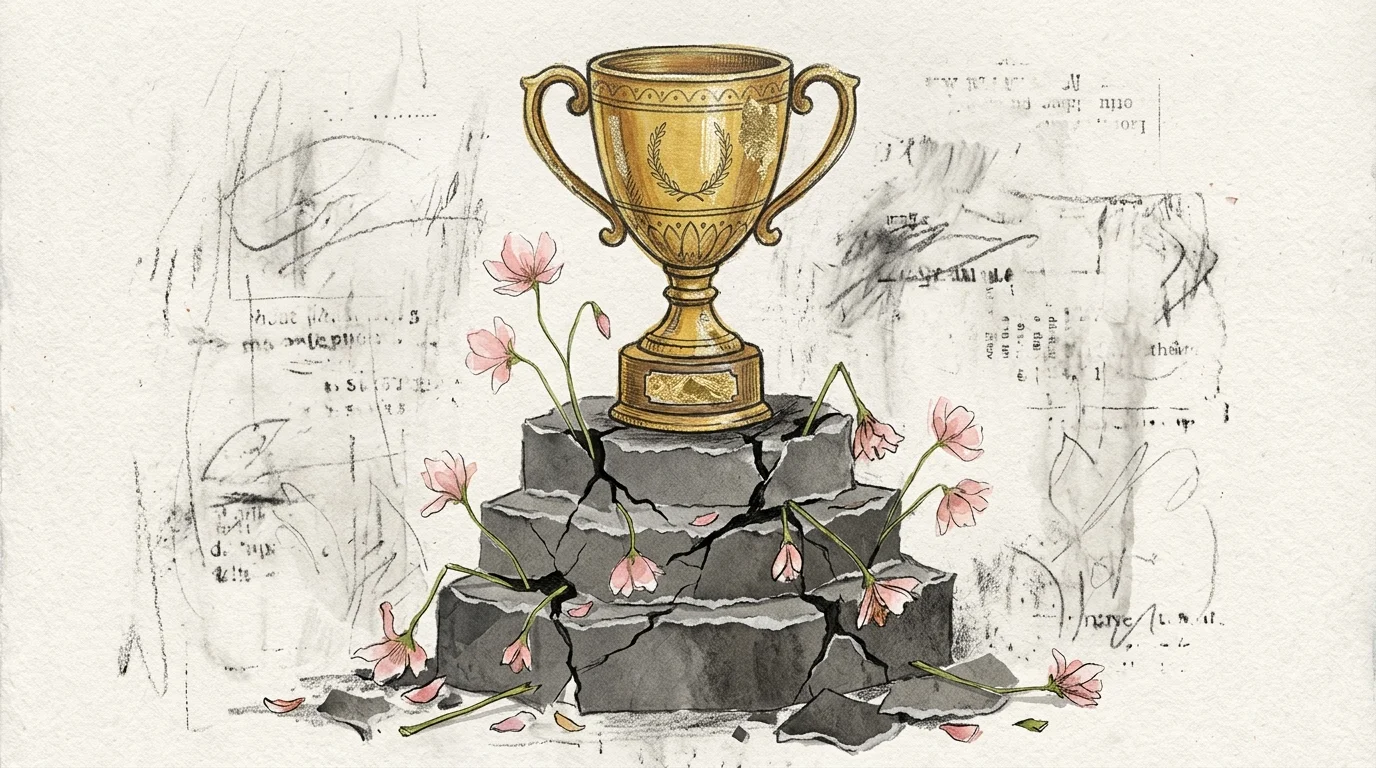 A golden trophy sitting on a cracked, fragile grey pedestal, with delicate flowers growing from the cracks.